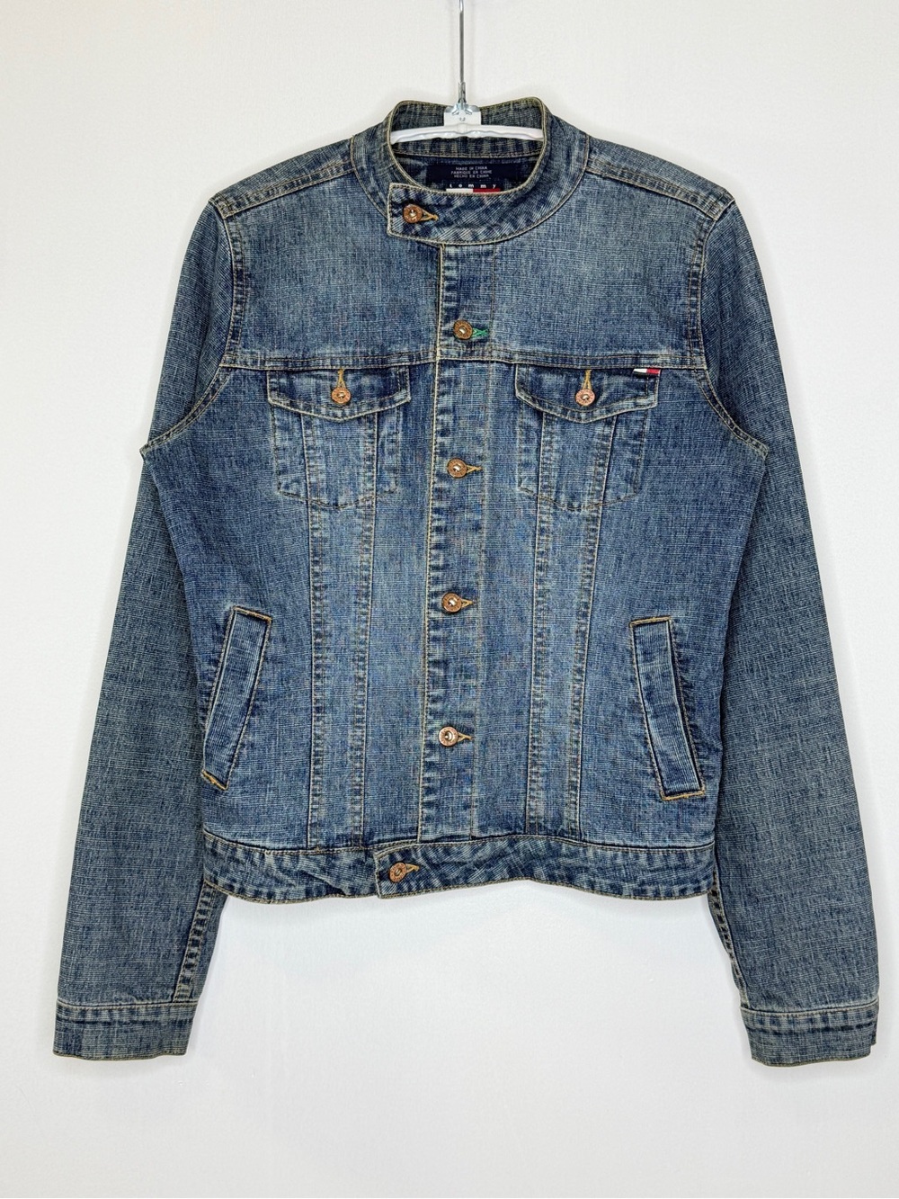Vintage Tommy Hilfiger Jeans Moto Denim Jacket Womens Small Stonewash Blue Y2K